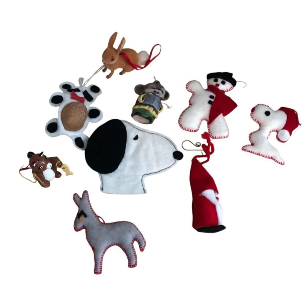 Vintage Christmas Ornament LOT of 9 SNOOPY Felt Flocked Wood Ceramic Unique